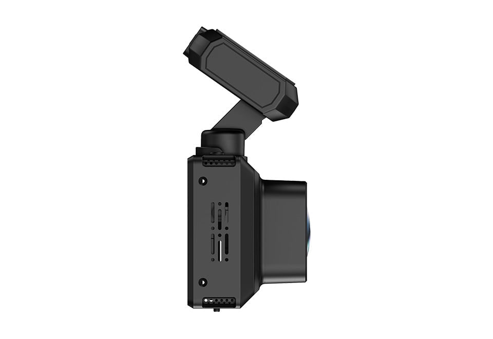 Dual dash cam mounted in a car, clearly displaying front & rear views on its LCD screen via Wi-Fi.
