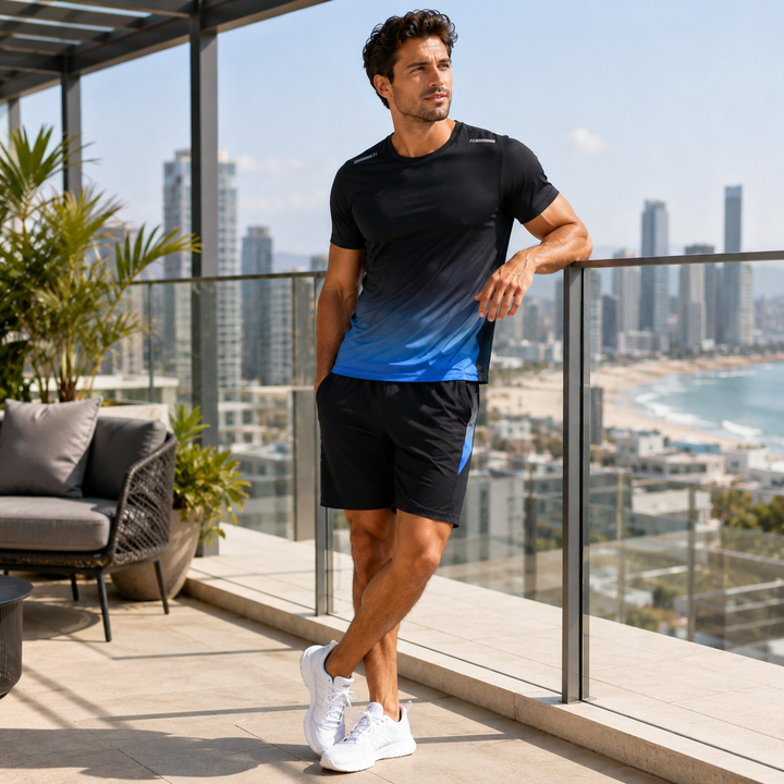 Men's sport outfit: quick-dry performance t-shirt & breathable gym shorts for training.
