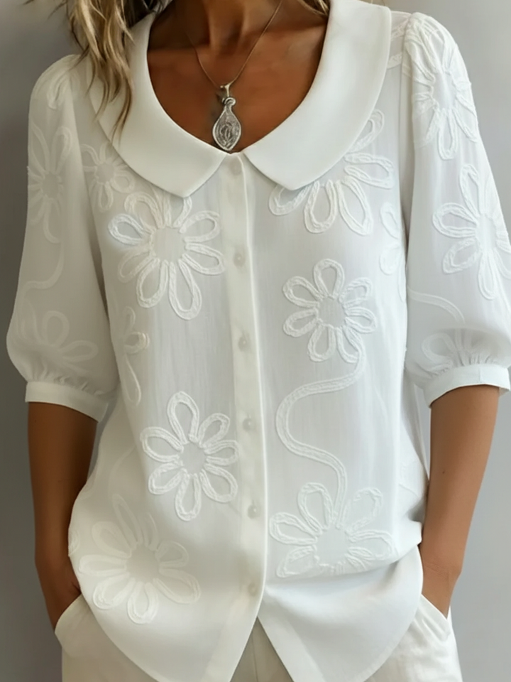 Spring/summer women's blouse: knit floral print, half sleeves, cute Peter Pan collar for a stylish look.
