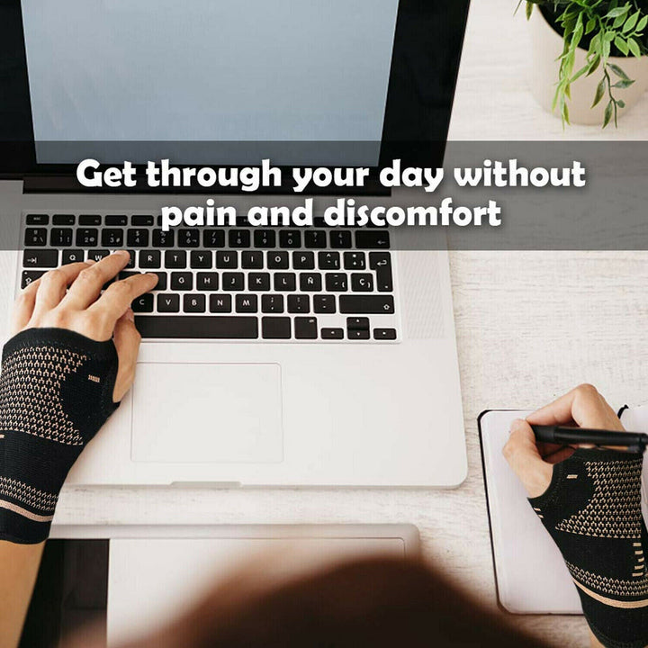 Durable copper infused wrist support provides comfort and pain relief for hand ailments.
