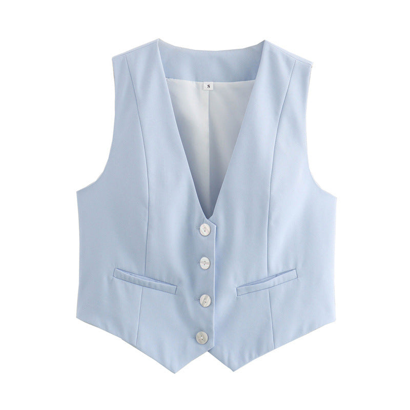 Back view of an elegant women's tailored vest, highlighting its sophisticated cut.