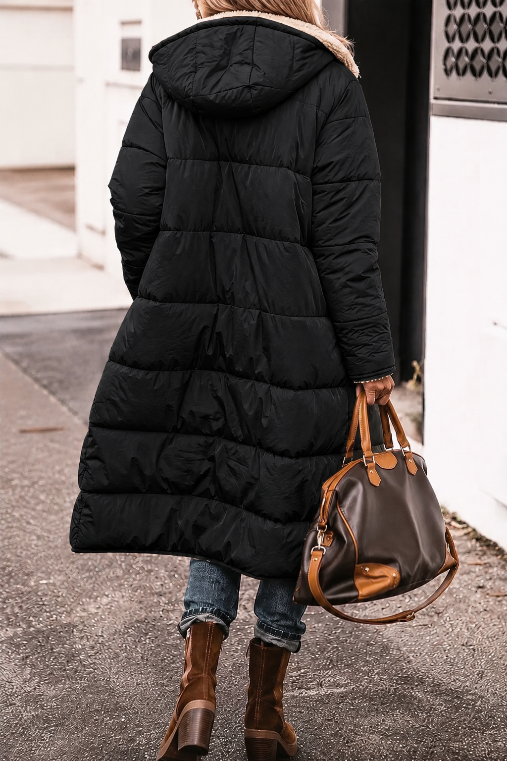 Women's reversible fur winter jacket, military green side with cozy fur for cold weather.