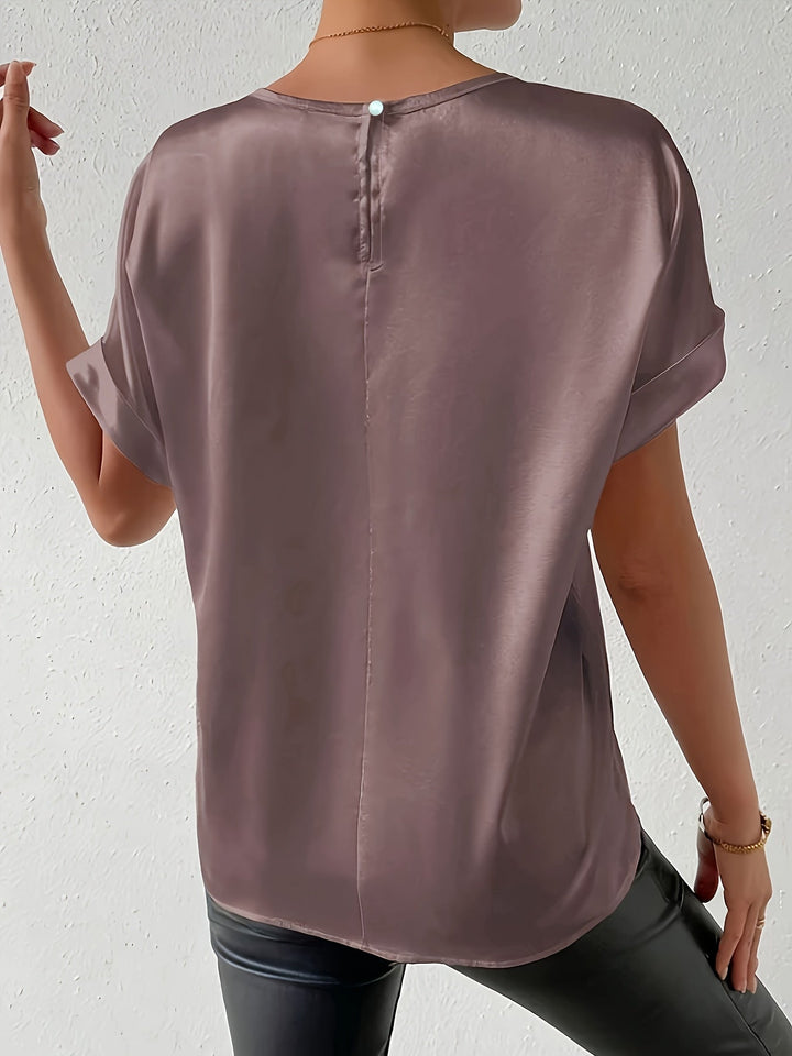 Luxurious satin short sleeve blouse for women, elegant & lightweight summer top.