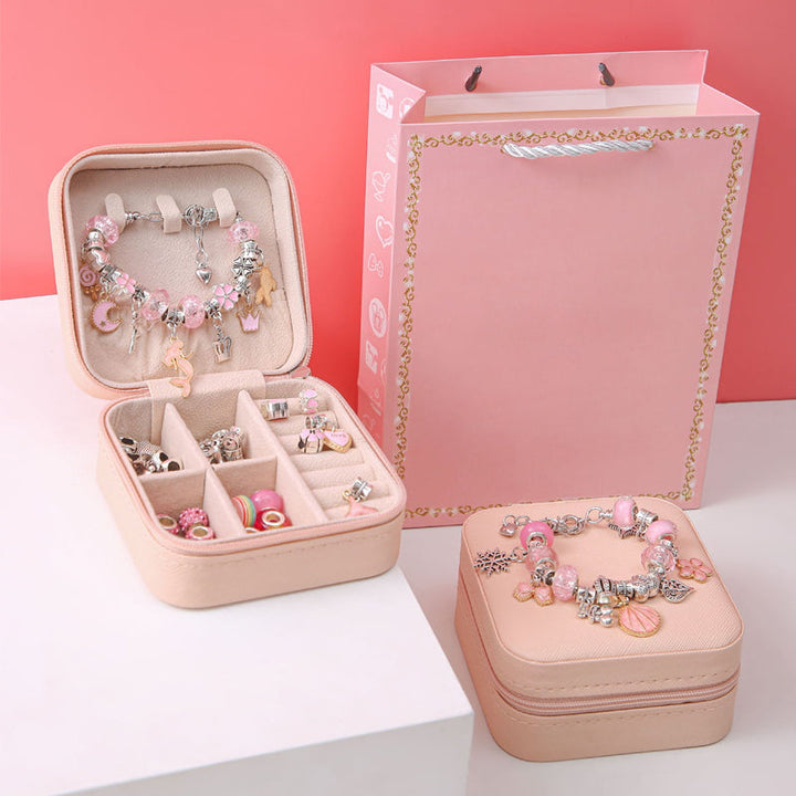 Creative jewelry craft kit for kids, encouraging DIY bracelet design with beads & charms.