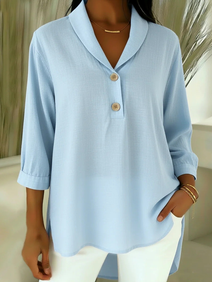 Women's chic V-neck 3/4-sleeve top. Casual yet elegant blouse for versatile styling, suitable for work or leisure.