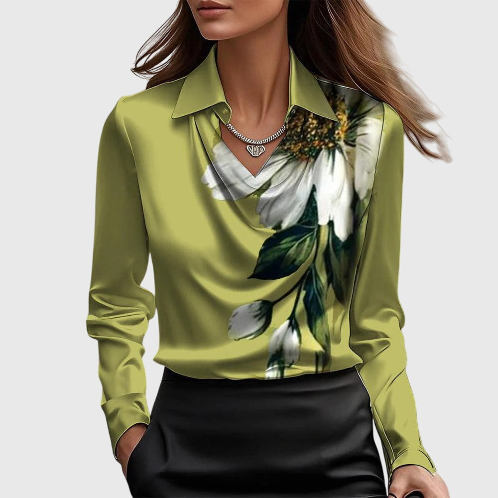 Stylish women's long sleeve blouse with elegant pleated neckline, a must-have for chic fashion & office attire.