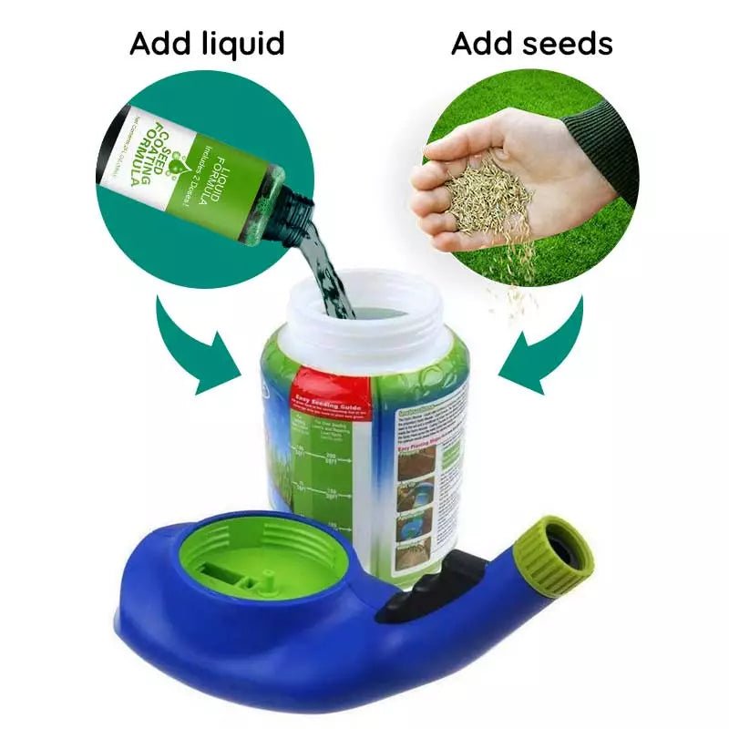 Applying eco-friendly liquid lawn seed spray for quick grass sprouting & a dense, vibrant green lawn. Easy lawn care.