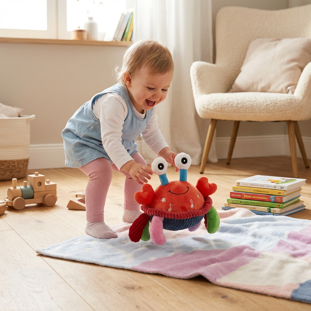 Colorful musical crab activity toy for babies and toddlers, encouraging crawling and sensory play.