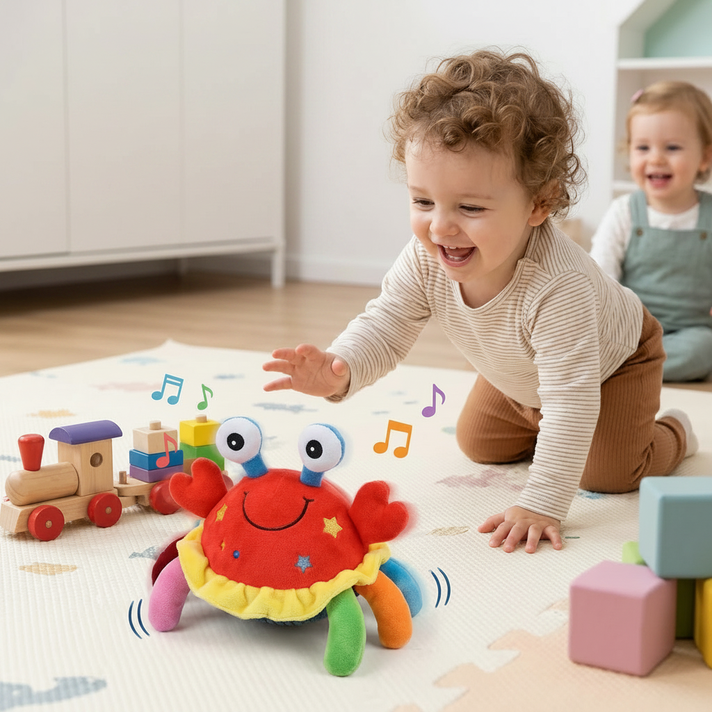 Interactive musical crab toy for toddlers & babies, promoting early learning, sensory development & crawling skills.