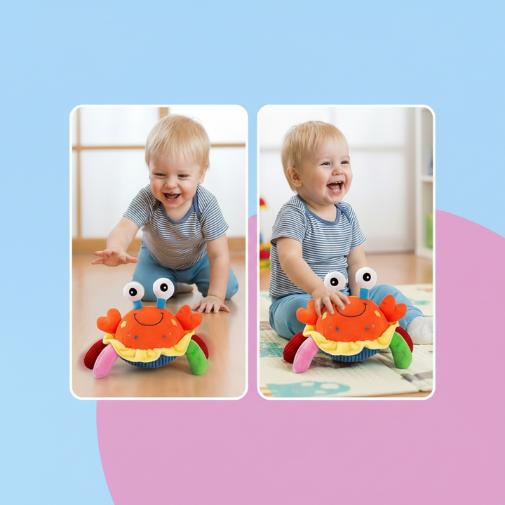 Vibrant baby musical crab toy, an engaging activity for sensory exploration, motor skill development & fun crawling.