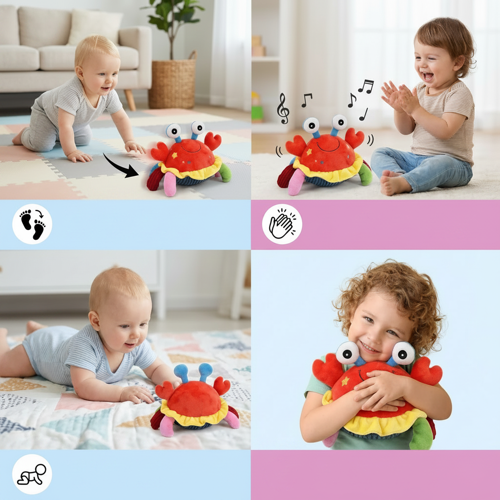 Bright unisex musical crab toy that crawls & plays music, an interactive sensory toy for curious babies & toddlers.