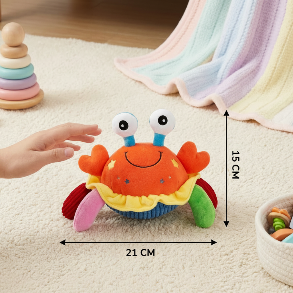 Educational musical crab activity toy for babies & toddlers. Promotes crawling, sensory development, and interactive play.
