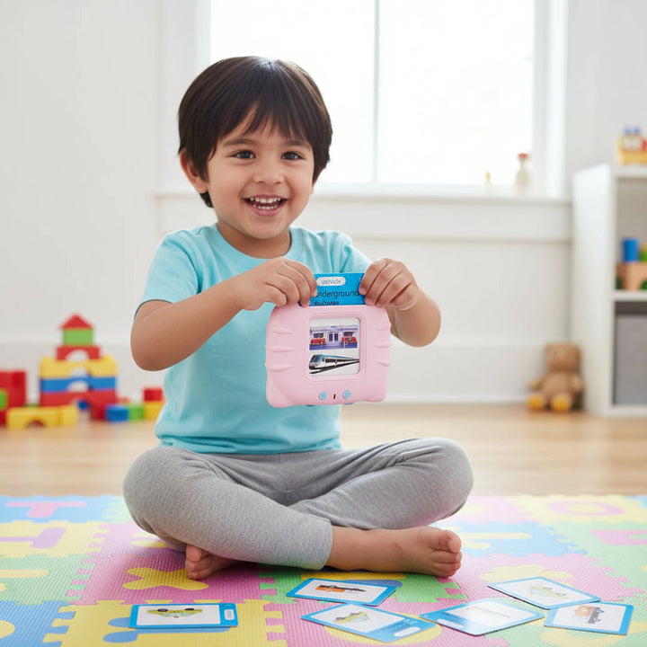Portable screen-free interactive flash cards. Educational toy for toddler learning & sound-based reading practice.