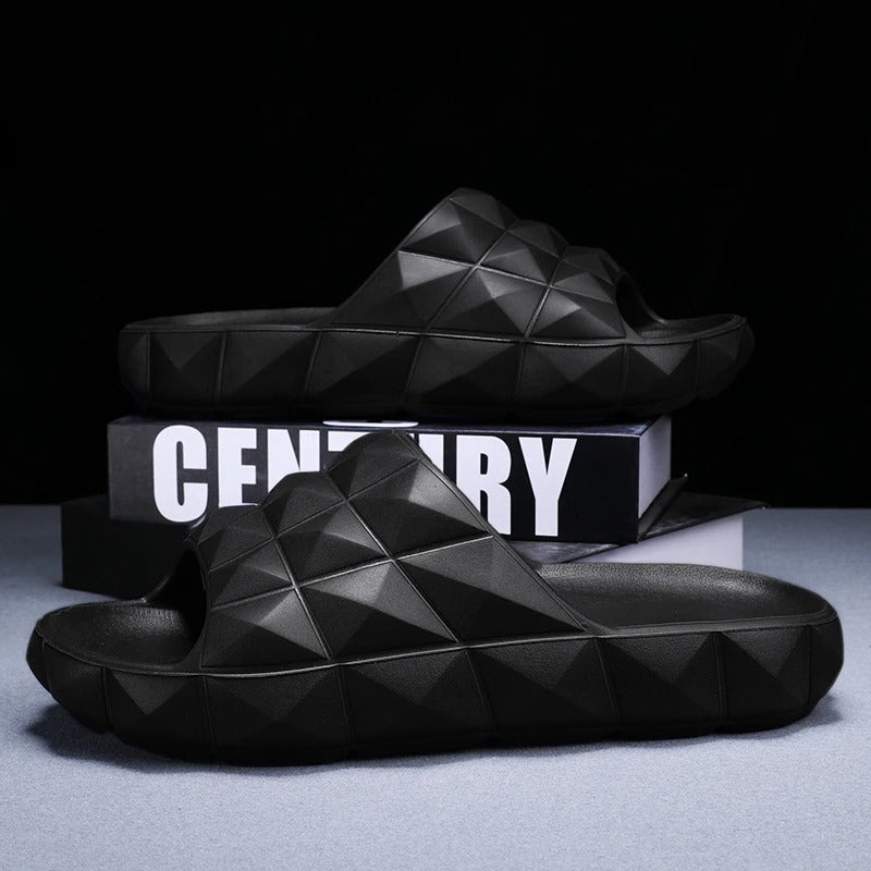 Modern men's footwear: geometric textured slides for ultimate comfort & style.
