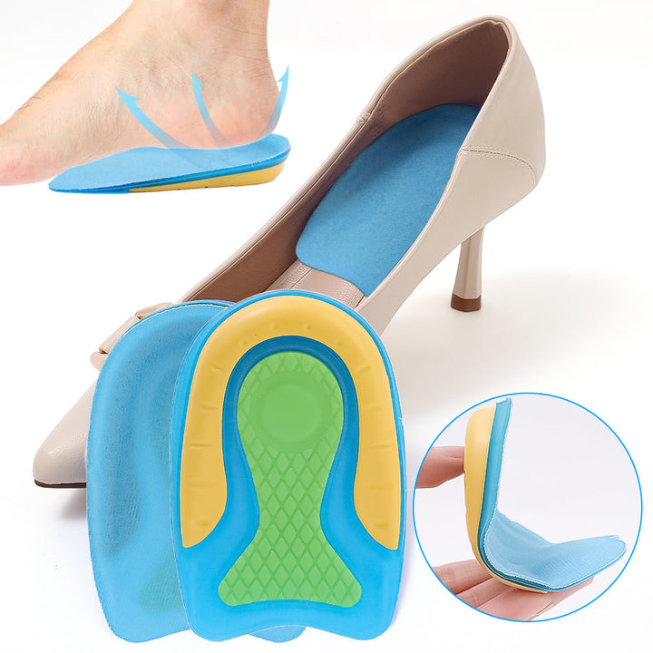 Close-up of blue gel foot inserts, highlighting soft cushioning and durable material for long-lasting comfort and support.