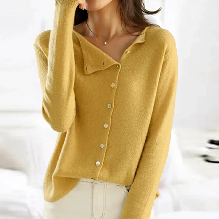 Sophisticated women's button-down winter cardigan. Stylish long sleeve knitwear for an elegant, cozy layering piece.