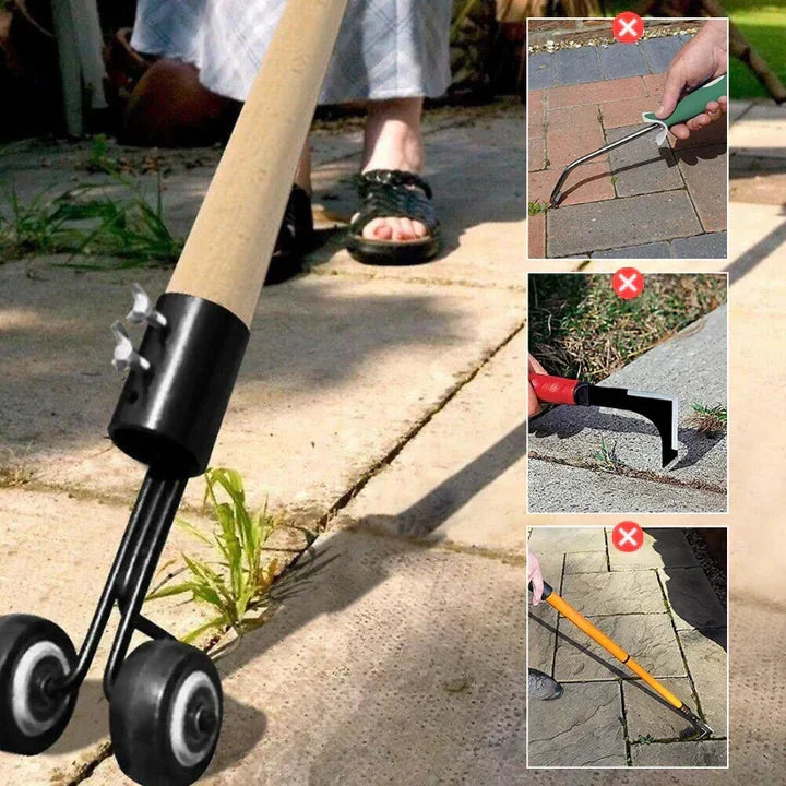 Durable manual hand weeder, ideal for pulling dandelions and tough weeds from garden beds.