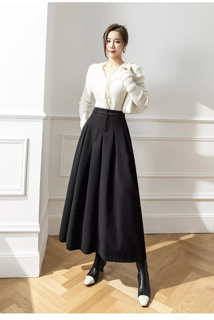 Everyday elegant pleated A-line midi skirt, women's autumn & winter essential.