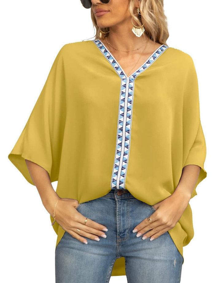 Comfortable women's embroidered boho tunic top, ideal for spring & summer casual fashion.