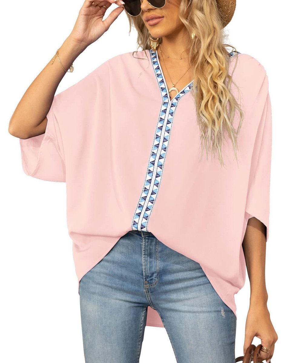 Versatile women's oversized V-neck boho tunic with delicate embroidery for stylish comfort.