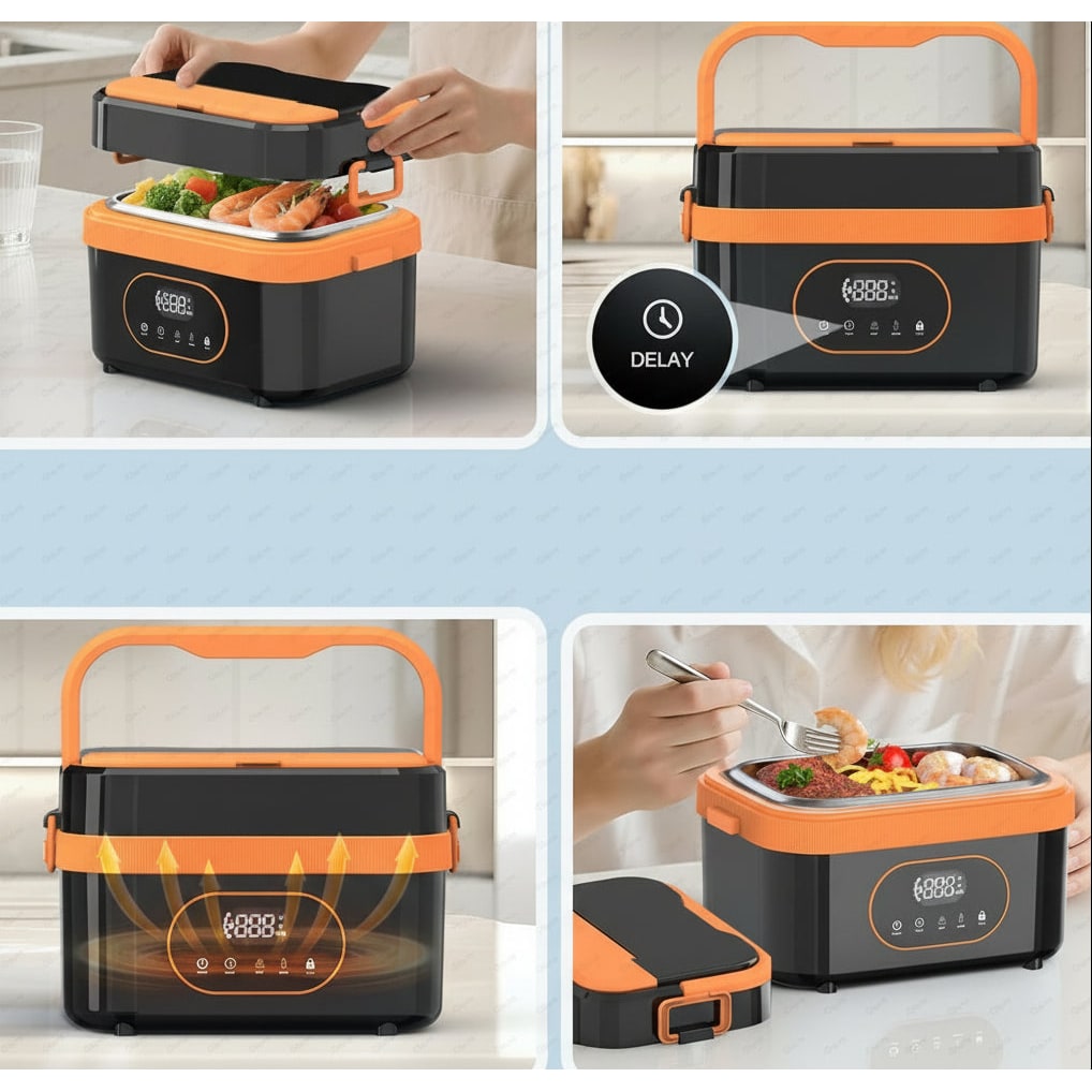 Portable electric heated lunch box with LED display & stainless steel tray for warm meals.
