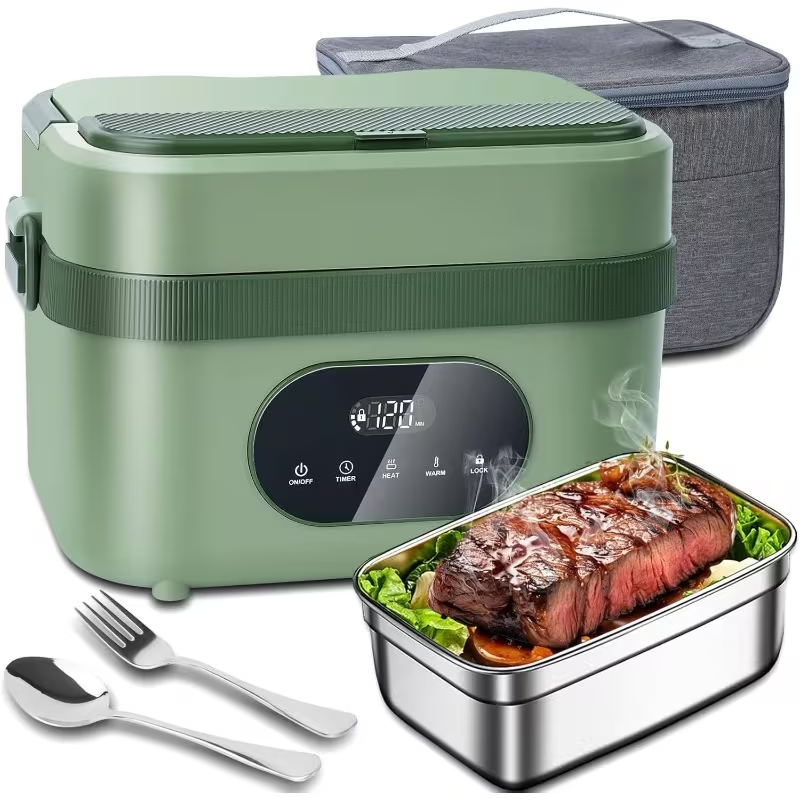 Rechargeable heated lunch box, perfect for work or travel, keeping food warm in a stainless steel container.