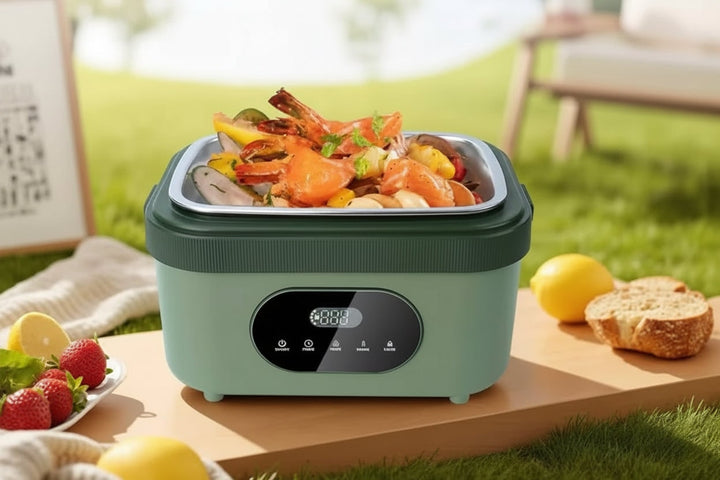 Electric food warmer bento box with stainless steel tray, portable for daily meal prep & office lunches.