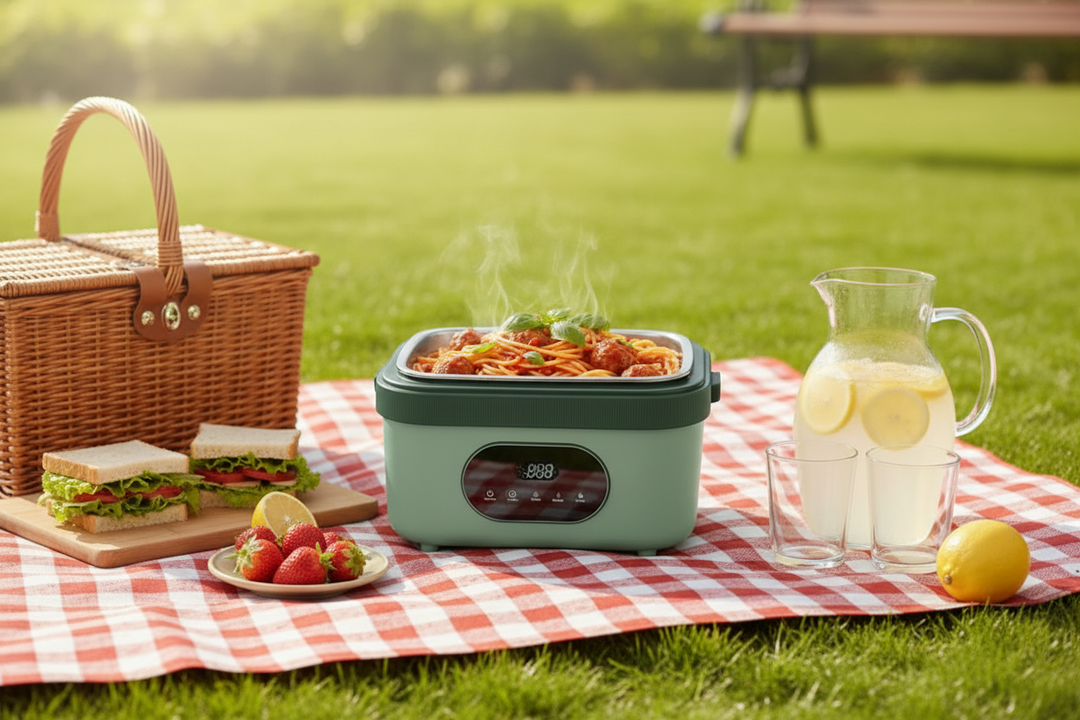 Heated lunchbox with stainless steel tray, a portable electric food warmer for healthy, warm work lunches.