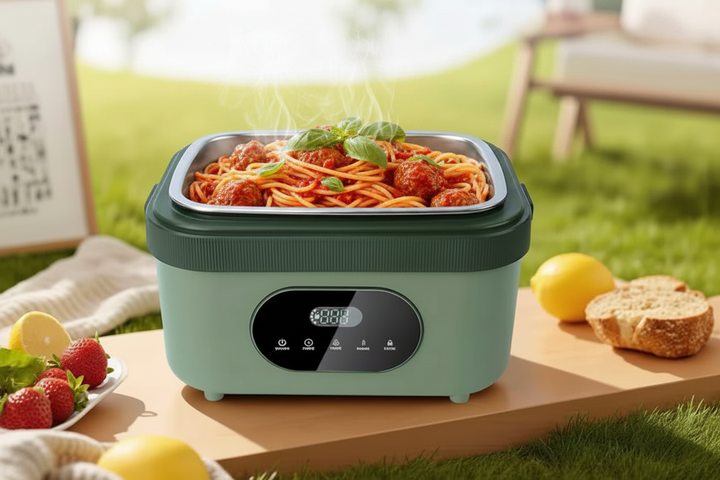 Stainless steel electric heated lunch box, a portable food warmer for fresh, hot meals anytime, anywhere.