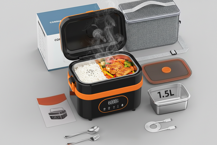 Rechargeable portable heated lunch box with LED, featuring a stainless steel tray for easy meal prep.