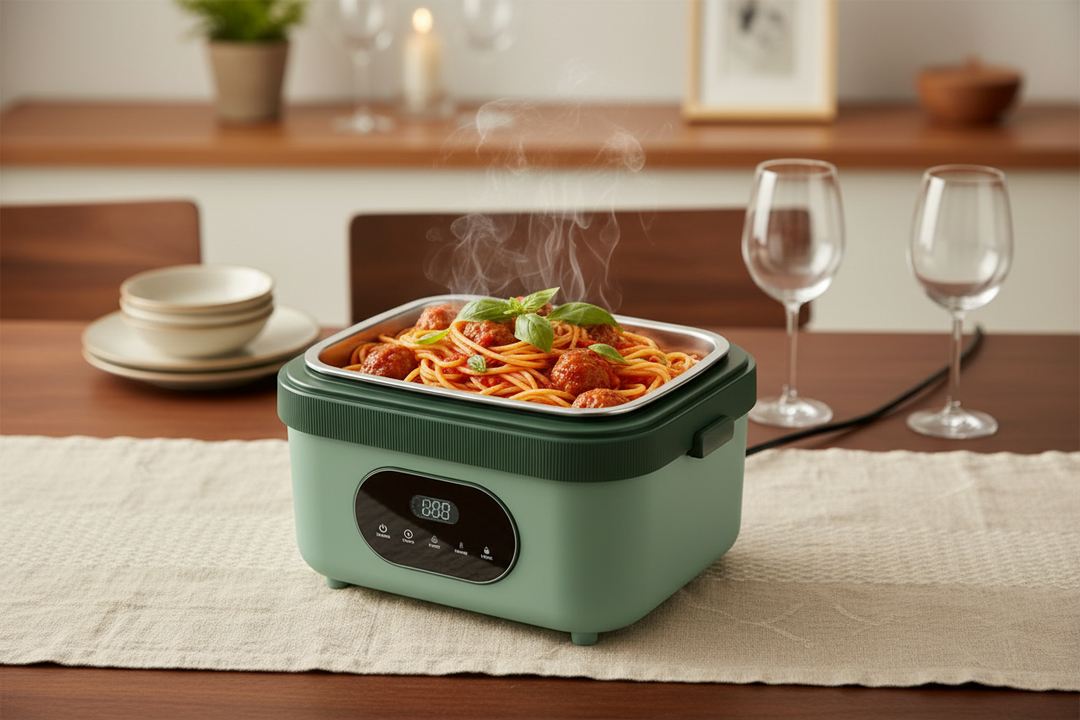 Modern portable electric heated lunch box with stainless steel compartments for warm, ready-to-eat meals.