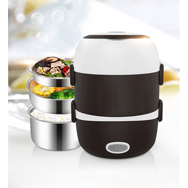 Unisex electric heating lunch box with stainless steel bowls. Keeps your meal warm & fresh for work or school.