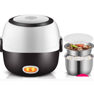 Stylish electric bento box with stainless steel compartments. Enjoy warm, home-cooked meals at work or school.