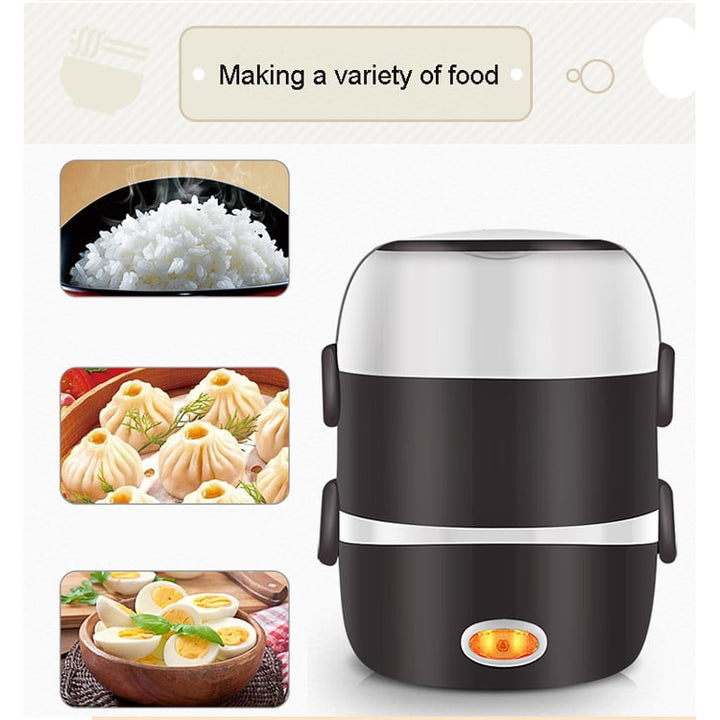 Efficient electric heating lunch box, great for meal prep. Stainless steel containers keep food hot for longer.