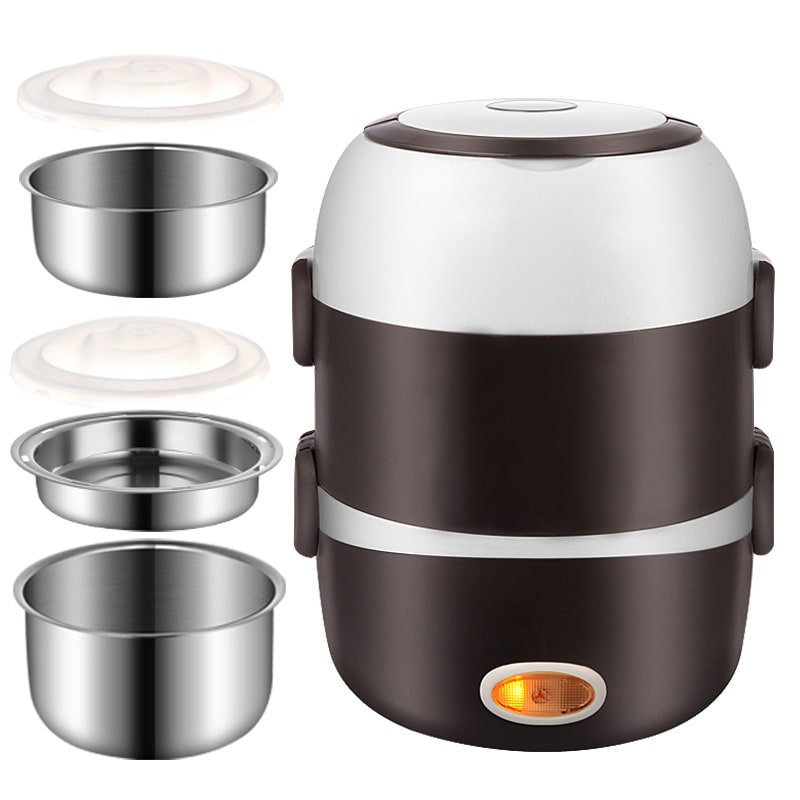 Compact electric heated lunch box with stainless steel inserts. Ensures a fresh, warm, portable lunch experience.