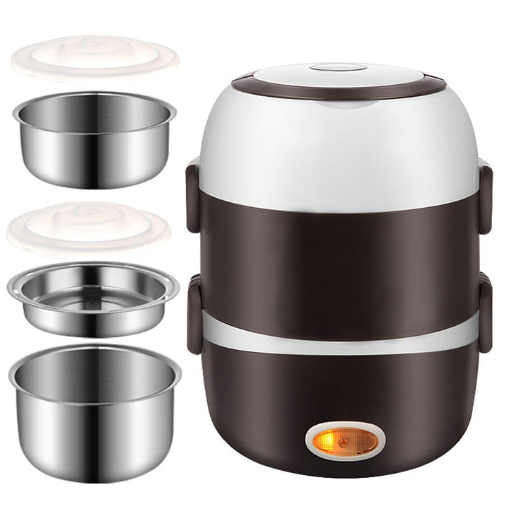Compact electric heated lunch box with stainless steel inserts. Ensures a fresh, warm, portable lunch experience.