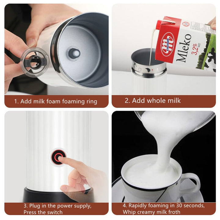 Electric milk frother creating rich, creamy foam for café-quality coffee drinks. Ideal latte & cappuccino maker.