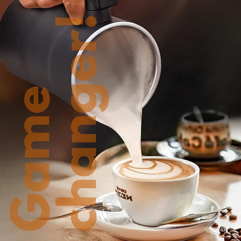 Electric frother & steamer for home baristas. Quickly prepares warm, frothed milk for coffee, lattes & cappuccinos.