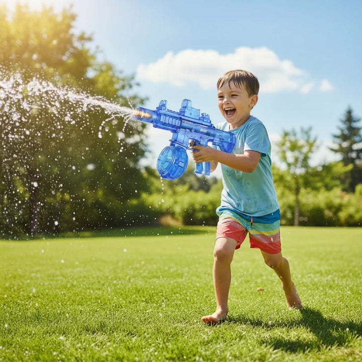 Ergonomic electric water gun for children, delivering continuous streams for exciting outdoor play.