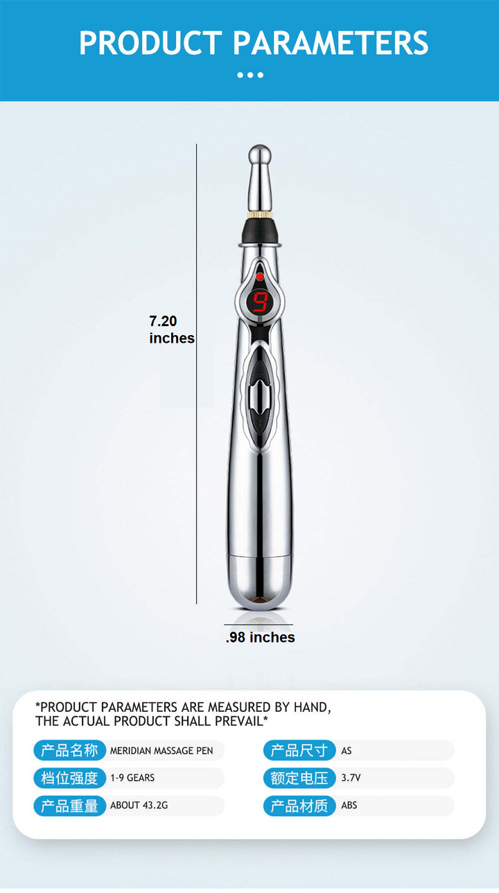 Electronic meridian energy pen for natural pain relief, stress reduction, and muscle relaxation.