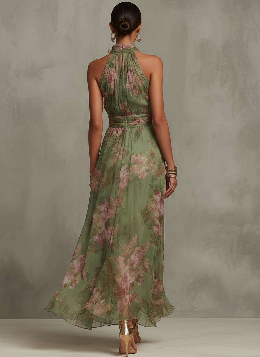 Bohemian green halter maxi dress for women, ideal as a wedding guest outfit or special occasion wear.