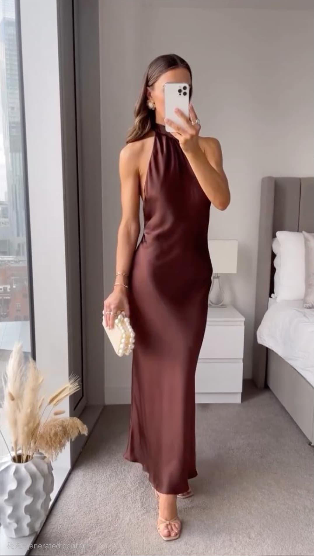 Elegant women's brown halter midi dress for evening events & special occasions.