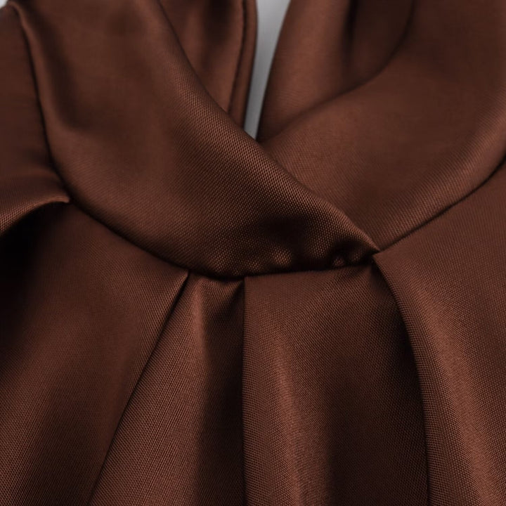 Special occasion brown halter midi dress, elegant and perfect for formal evening wear.