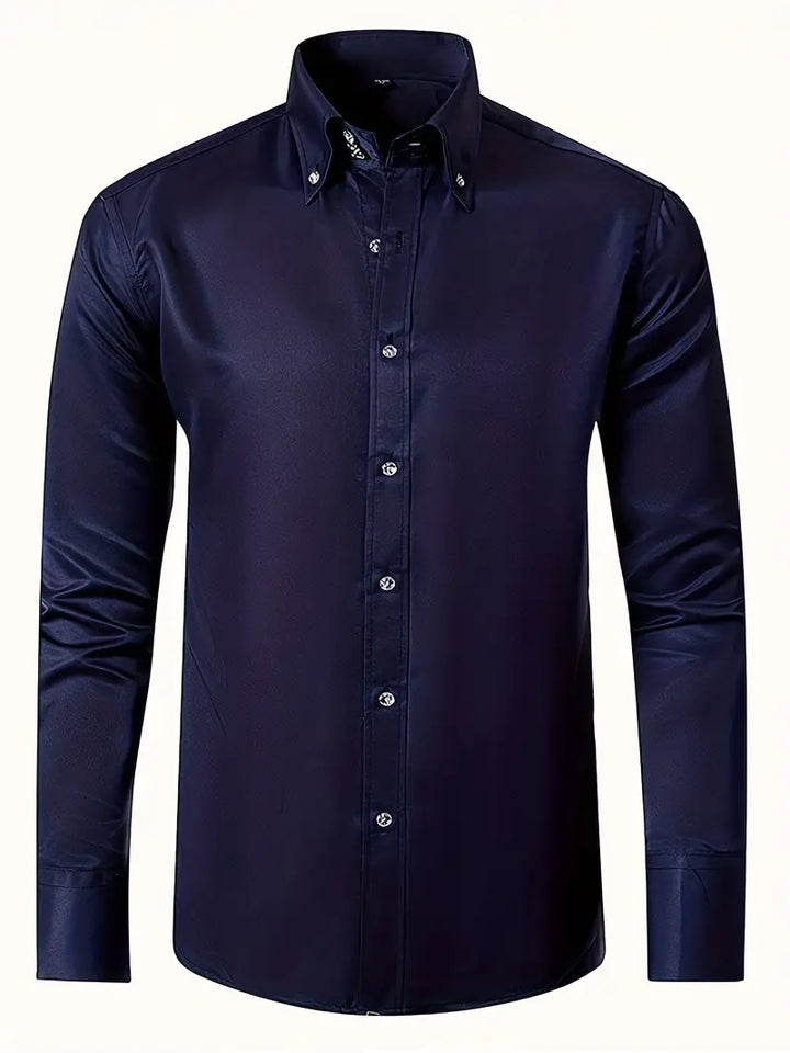 Tailored fit men's dress shirt, a classic long sleeve button-up for refined formal and business fashion.