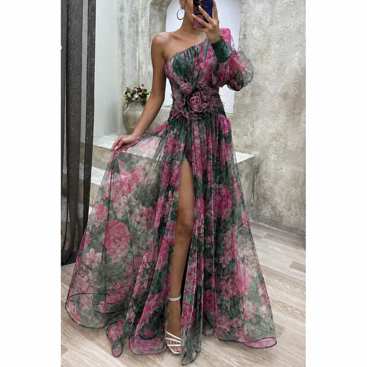Chic women's one-shoulder floral maxi dress, an elegant evening gown for spring & summer formal wear.