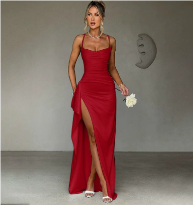 Stunning elegant maxi evening gown for women, featuring a chic high slit & spaghetti straps for a flattering fit.