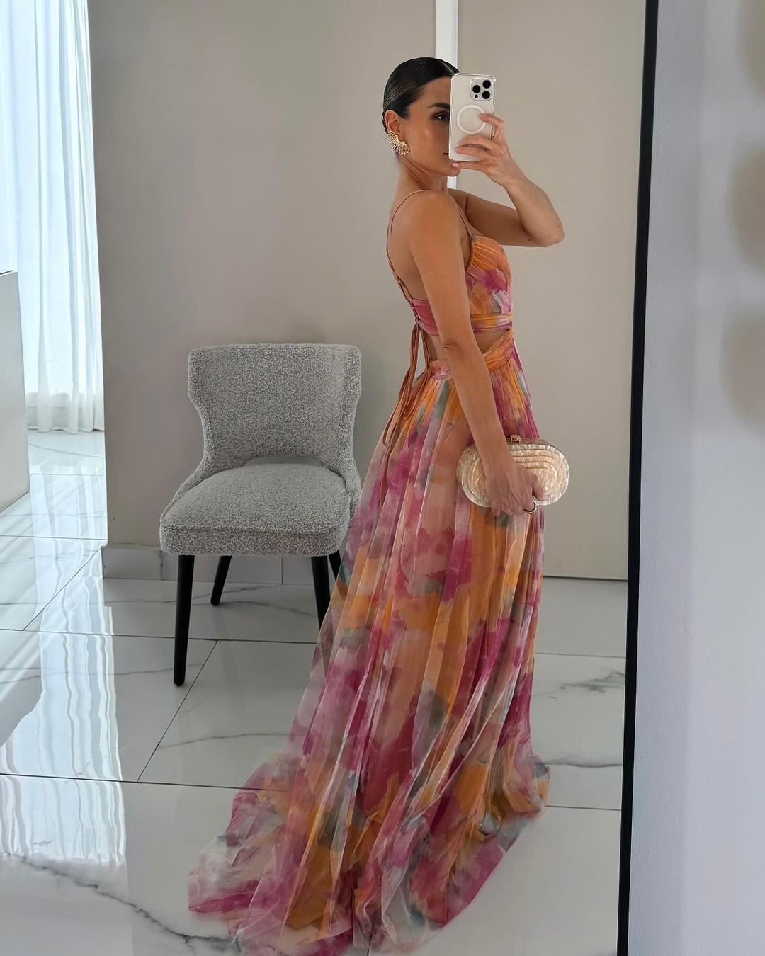 Printed mesh maxi dress, elegant sleeveless design with spaghetti straps, offering a comfortable, flowy fit.