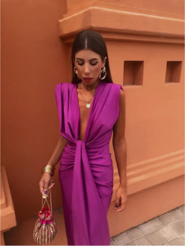 Fuchsia women's elegant pleated maxi dress, flattering long fit, perfect for evening wear.
