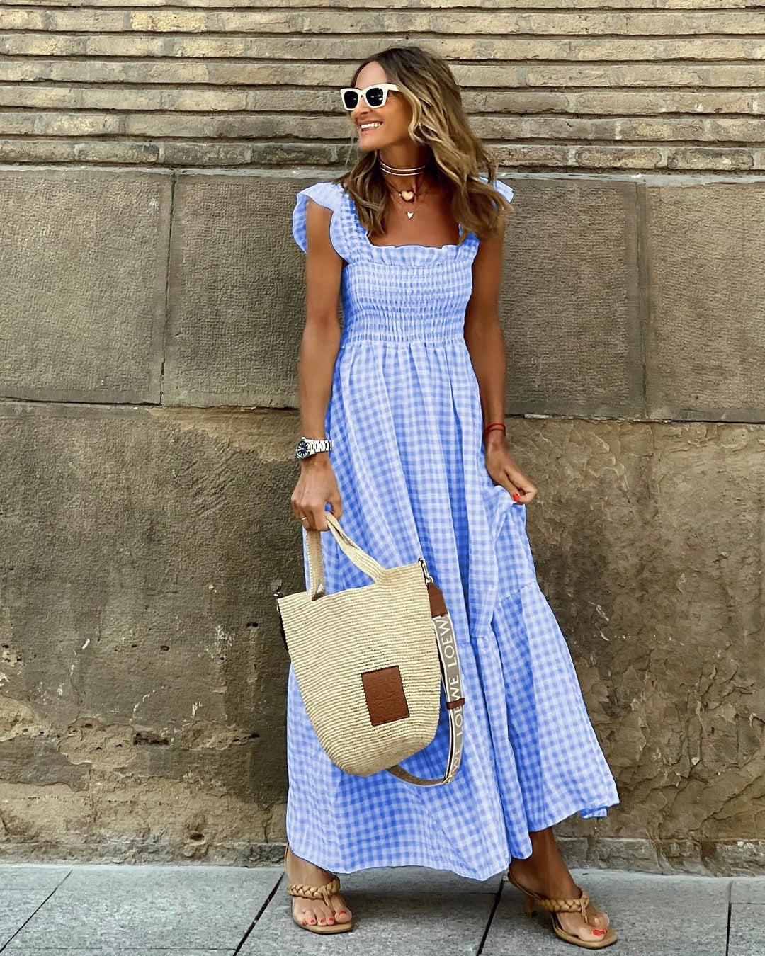 Women's ankle-length smocked sleeve maxi dress. Stylish & comfortable casual or elegant summer fashion.