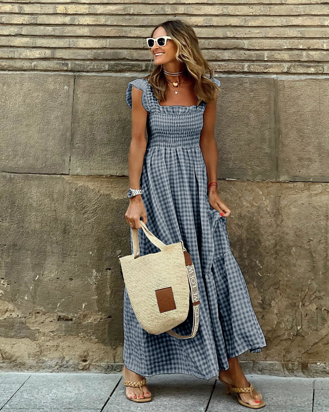 Chic women's smocked sleeve maxi dress, an elegant and versatile choice for summer outfits and special occasions.